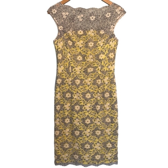 Maggy London Grey and Yellow Floral Lace Bodycon Boat Neck Midi Dress Sz 4 - Picture 1 of 7